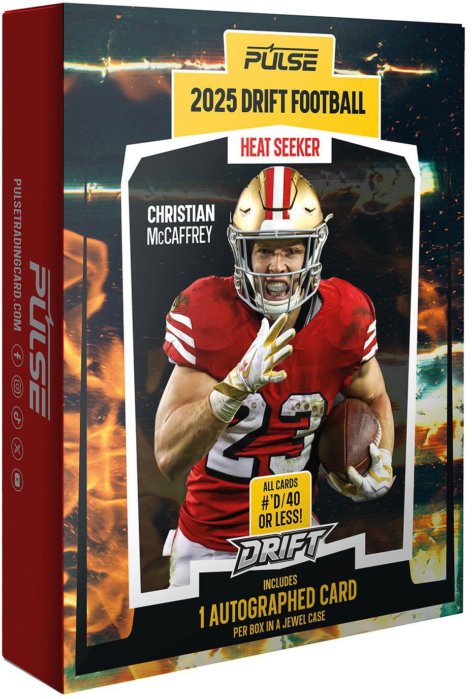 PULSETRADINGCARD.COM

PULSE 2025 DRIFT FOOTBALL HEAT SEEKER CHRISTIAN McCaffrey 23

ALL CARDS #D/40 OR LESS!

DRIFT INCLUDES 1 AUTOGRAPHED CARD PER BOX IN A JEWEL CASE
