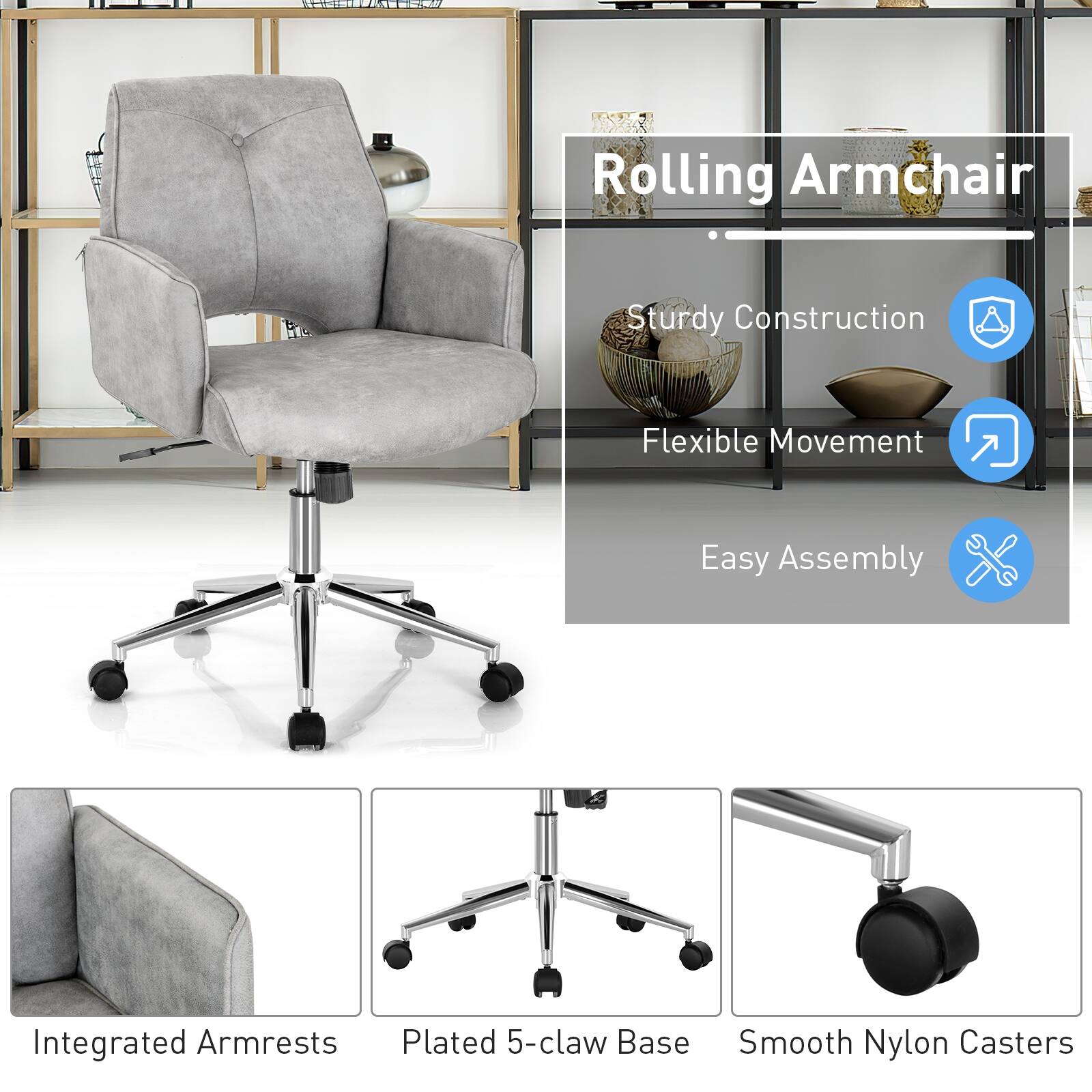 Rolling Armchair: Sturdy Construction, Flexible Movement, Easy Assembly, Integrated Armrests, Plated 5-claw Base, Smooth Nylon Casters.