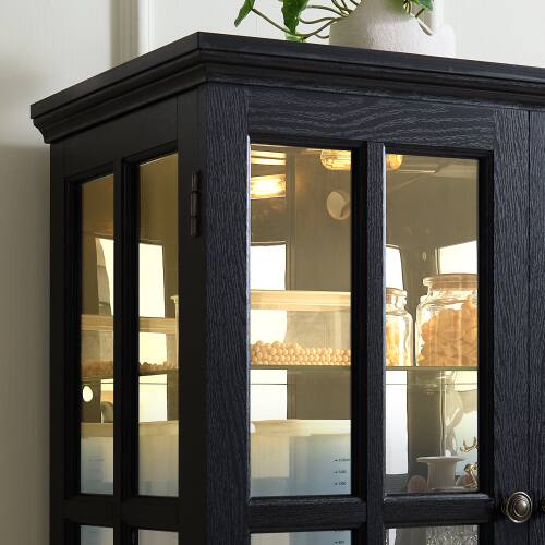 Back. LUCKY ONE - Freestanding Antique Curio Display Cabinet with Glass Doors Adjustable Shelves E26 Bulb for Collectibles - Black.