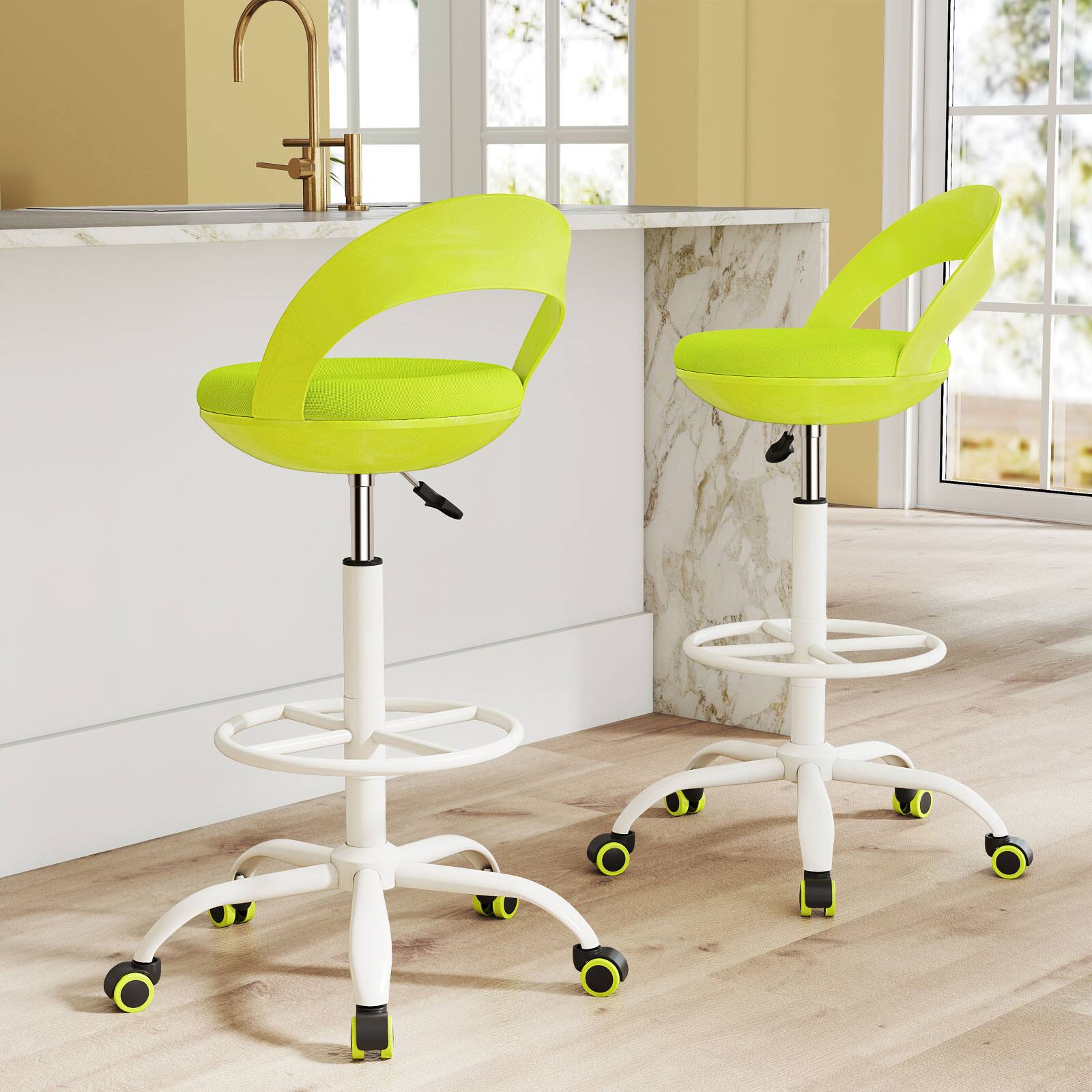 Alt View 1. Gymax - Gymax 2 PCS Drafting Stool Rolling Tall Desk Chair w/ Wheels Low Backrest Footrest Green - Green.