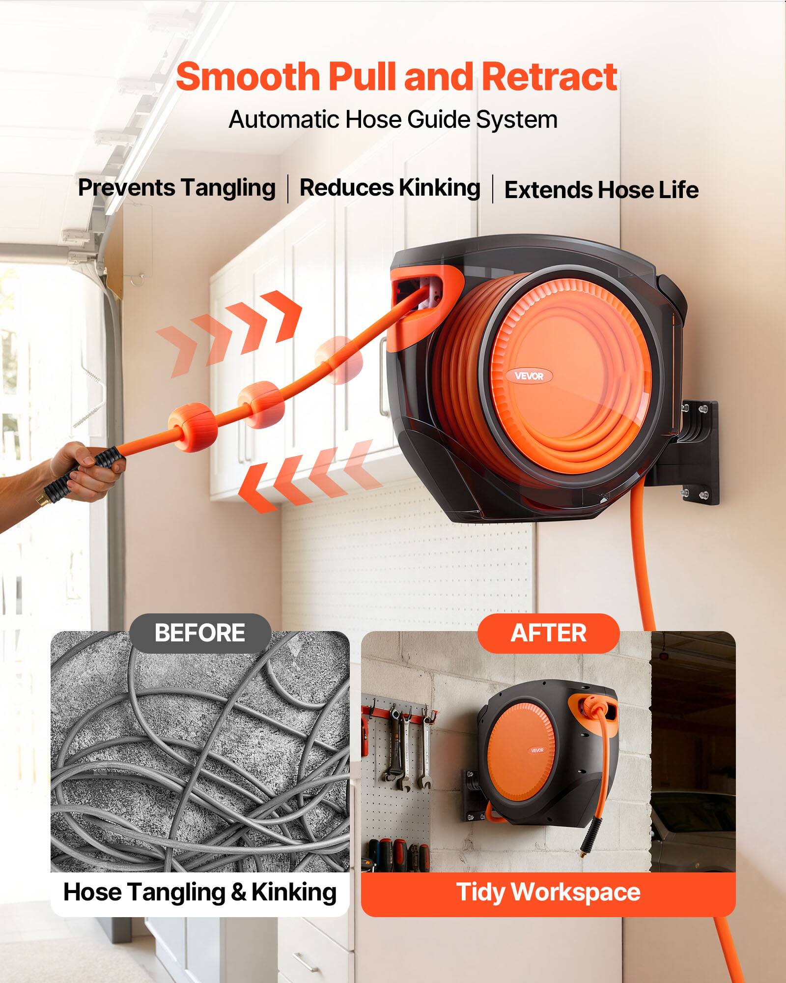 Smooth Pull and Retract  
Automatic Hose Guide System  
Prevents Tangling | Reduces Kinking | Extends Hose Life  

BEFORE  
Hose Tangling & Kinking  

AFTER  
Tidy Workspace