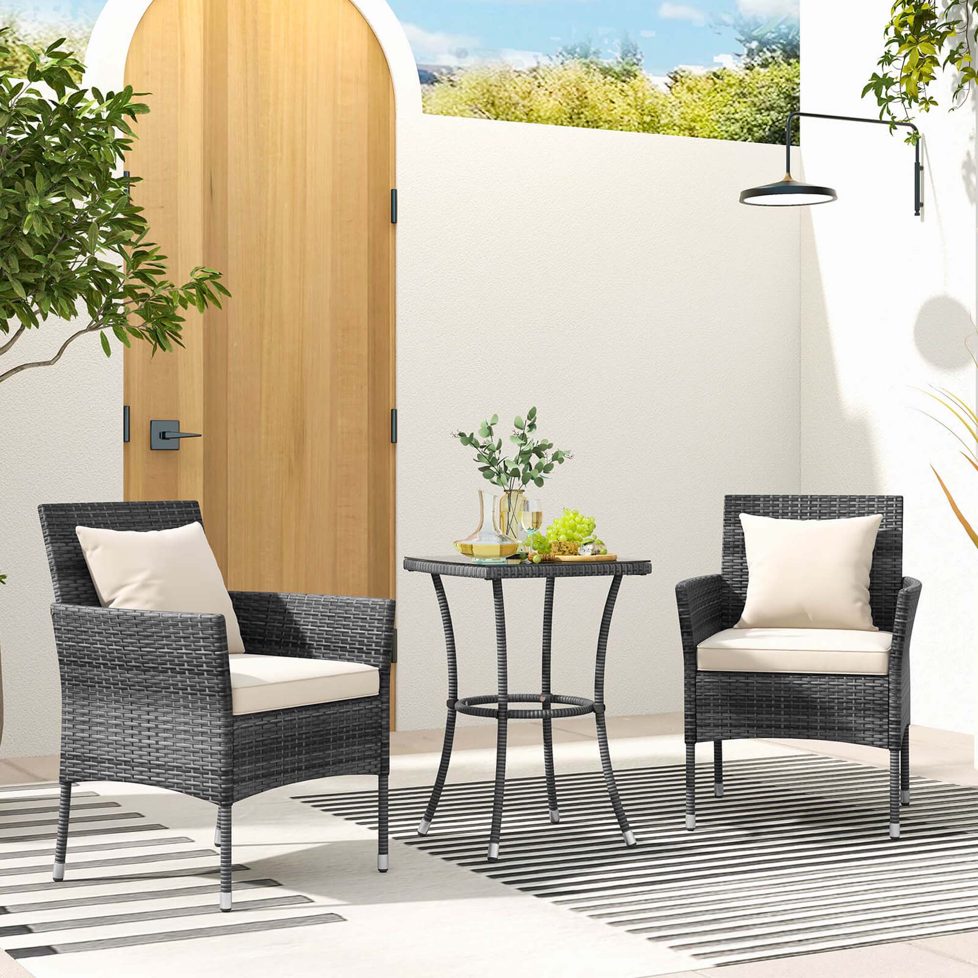 Alt View 1. Costway - 3 PCS Patio Furniture Set with Cushioned Patio Chairs & Tempered Glass Coffee Table - Off White + Mix Grey.