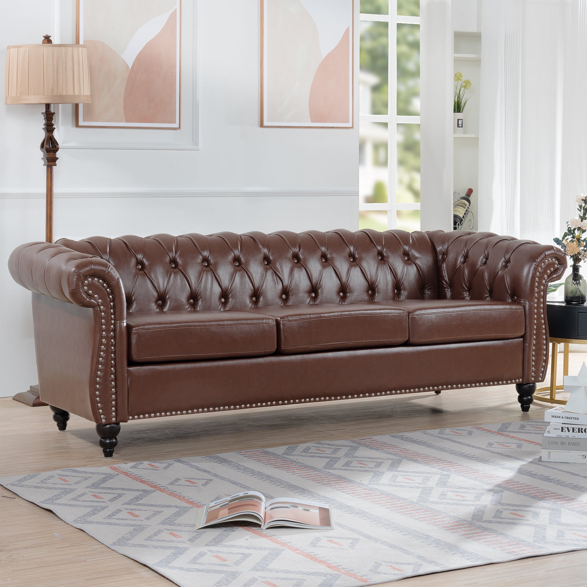Anysun - 84" Faux Leather 3-Seat Chesterfield Sofa - Rolled Arm, Deep Seating, Button Tufted for Living Room & Office - Dark Brown