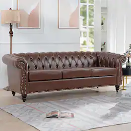 Anysun - 84" Faux Leather 3-Seat Chesterfield Sofa - Rolled Arm, Deep Seating, Button Tufted for Living Room & Office - Dark Brown