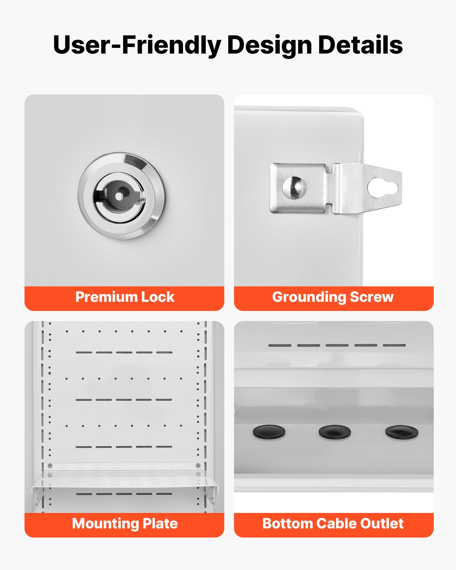 User-Friendly Design Details

- Premium Lock
- Grounding Screw
- Mounting Plate
- Bottom Cable Outlet