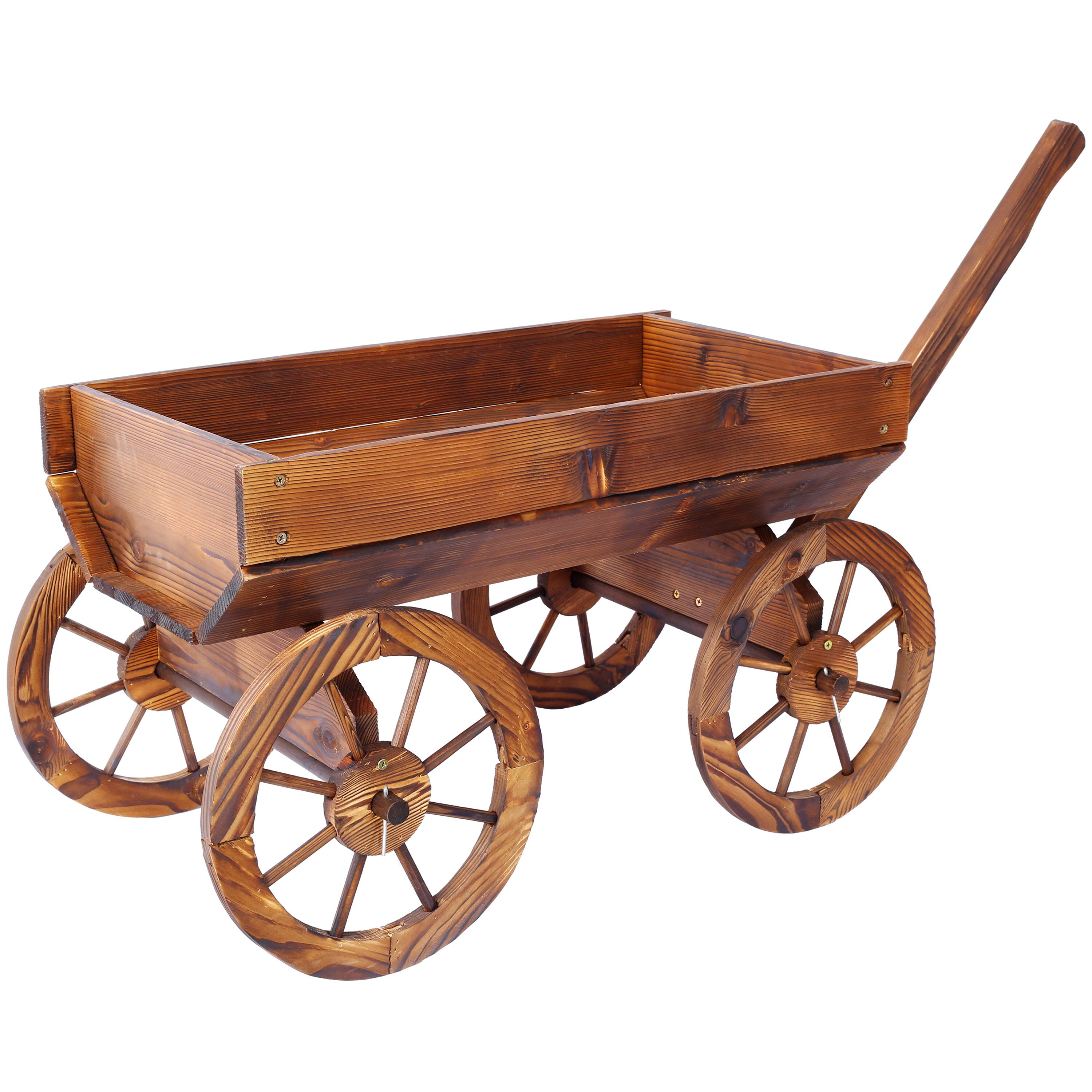 Left. GOODSILO - Rustic Wood Wagon Planter with Wheels - Decorative Outdoor Garden Flower Pot Stand - Brown.