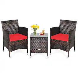 Costway - Outdoor 3 PCS PE Rattan Wicker Furniture Sets Chairs Coffee Table Garden - Red