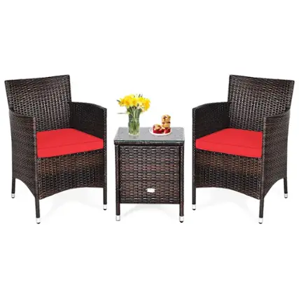 Front. Costway - Outdoor 3 PCS PE Rattan Wicker Furniture Sets Chairs Coffee Table Garden - Red.