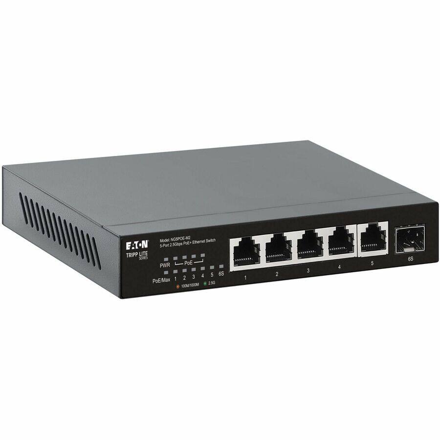 Model: NOSPOE-M2  
5-Port 2-Port PoE+ Ethernet Switch  
TRIPP LITE  
E-TN  
PWR  
PoE+  
1 2 3 4 5  
PoE/Max 100WATTS 2.5G  
100MBIT/1000MBIT 2.5G  
6S