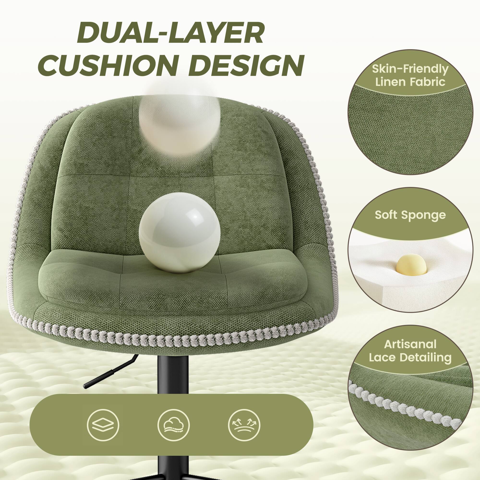 DUAL-LAYER CUSHION DESIGN

- Skin-Friendly Linen Fabric
- Soft Sponge
- Artisanal Lace Detailing