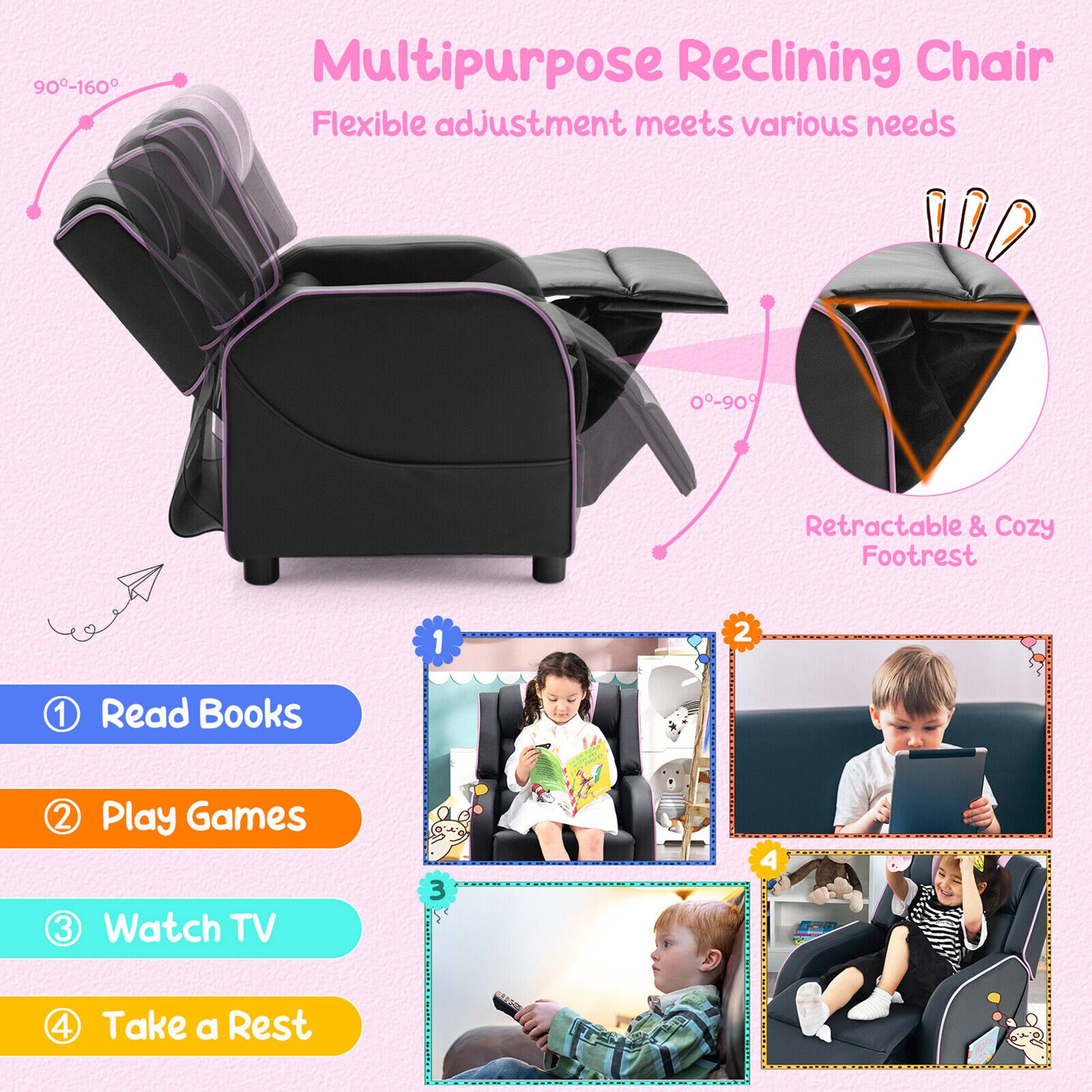 Multipurpose Reclining Chair  
Flexible adjustment meets various needs  

90°-160°  
0°-90°  

Retractable & Cozy Footrest  

1. Read Books  
2. Play Games  
3. Watch TV  
4. Take a Rest