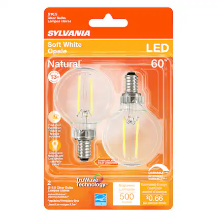 G16.5 Clear Bulbs
Lampes claires
SYLVANIA
Soft White Opale
Natural
LASTUDUME 13+
TEANSIN LED 60
Reduced Eye Strain
Rduit la fatigue oculaire
Clean and Natural Light
Une lumire naturelle saine
CANDELABRA
LO CULDT CANDELABRE
DIMMABLE INTENSIT
TruWave VARIABLE*++
2 Estimated Energy
G16.5 Clear Bulbs
Technology
Brightness
Luminosit
Cost/Cout
Lampes claires
estime d'nergie
Indoor/Outdoor
Intrieur/extriour
cmpY
500
$0.66
Replaces/Remplace
60w
lumens year/par anne
Uses/Les usages
5.5w*
ENERGY STAR