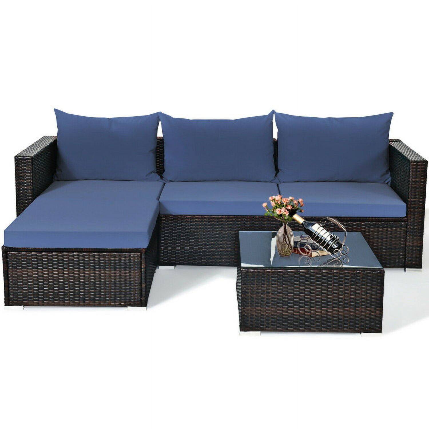 Alt View 2. Kadyn - 5 Pcs Patio Rattan Sectional Furniture Set with Cushions and Coffee Table -Navy, Patio Seating Conversation - Blue.
