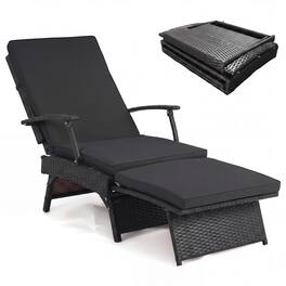 Costway - 1 PCS Folding Wicker Chaise Lounge with Slide-Out Ottoman, 11-Level Adjustable Backrest - Mix Brown+Black