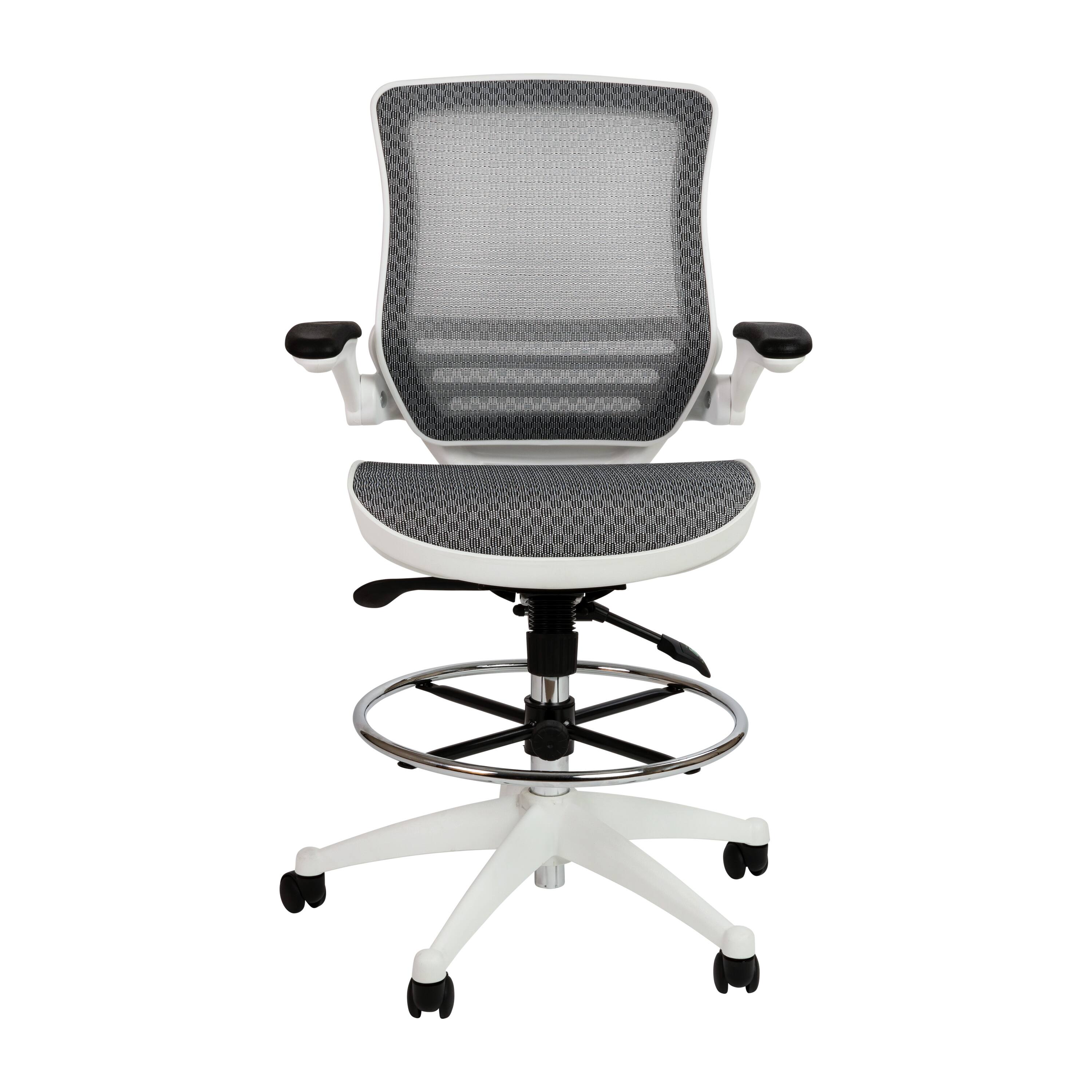 Alt View 7. Emma + Oliver - Mid-Back Transparent Mesh Drafting Chair with Flip-Up Arms - Gray Mesh/White Frame.