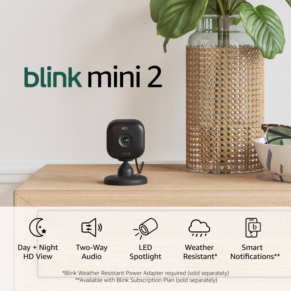 Blink Mini 2 is a smart home security device that offers a variety of features. It has a day and night HD view, two-way audio, LED spotlight, and weather resistance. The device also offers smart notifications and is compatible with the Blink Subscription Plan. The power adapter is required and sold separately.