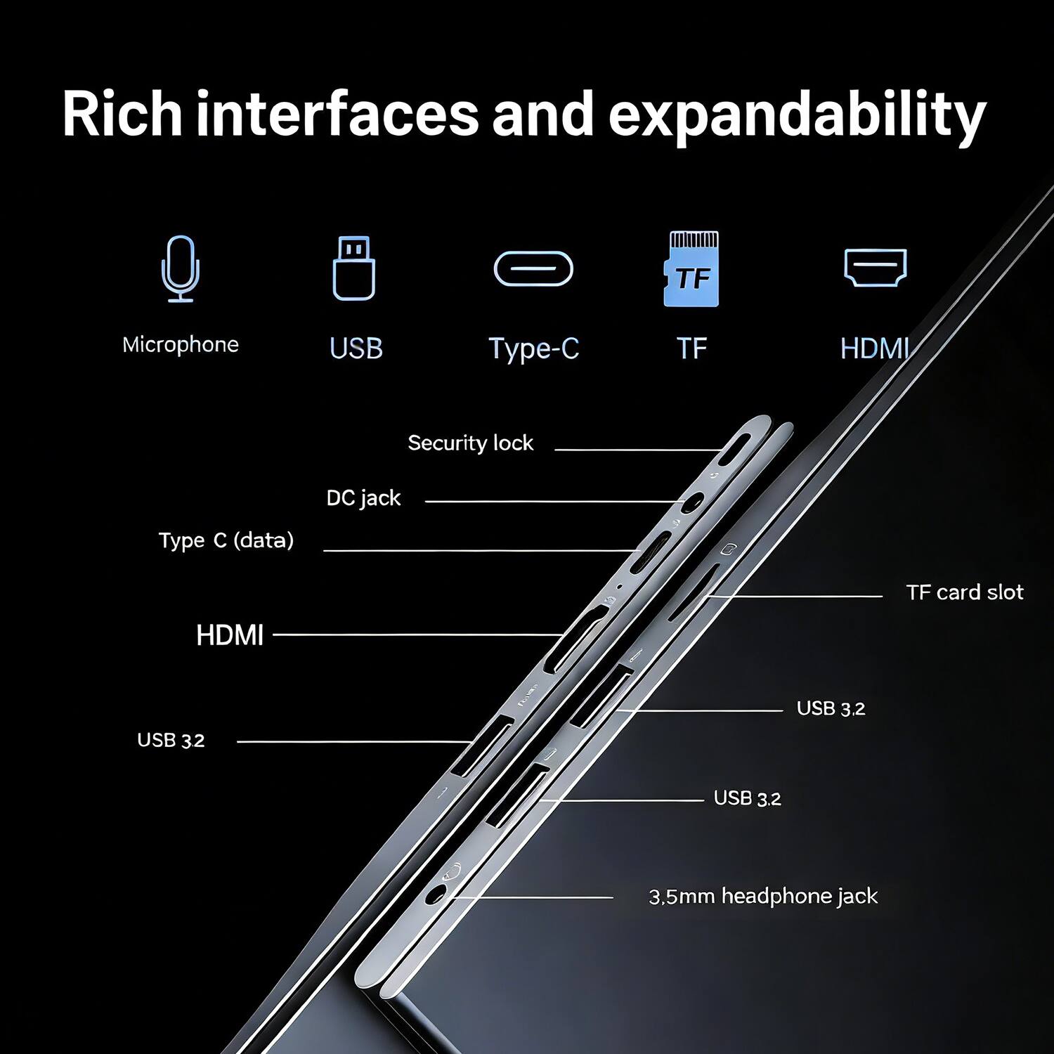 Rich interfaces and expandability

- Microphone
- USB
- Type-C
- TF
- HDMI
- Security lock
- DC jack
- Type C (data)
- TF card slot
- HDMI
- USB 3.2
- USB 3.2
- 3.5mm headphone jack