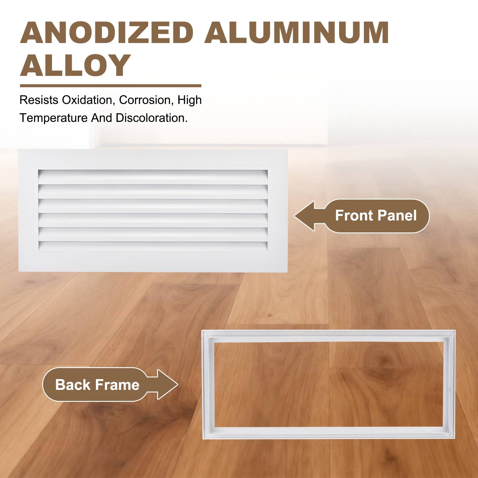 ANODIZED ALUMINUM ALLOY  
Resists Oxidation, Corrosion, High Temperature And Discoloration.  

Front Panel  
Back Frame