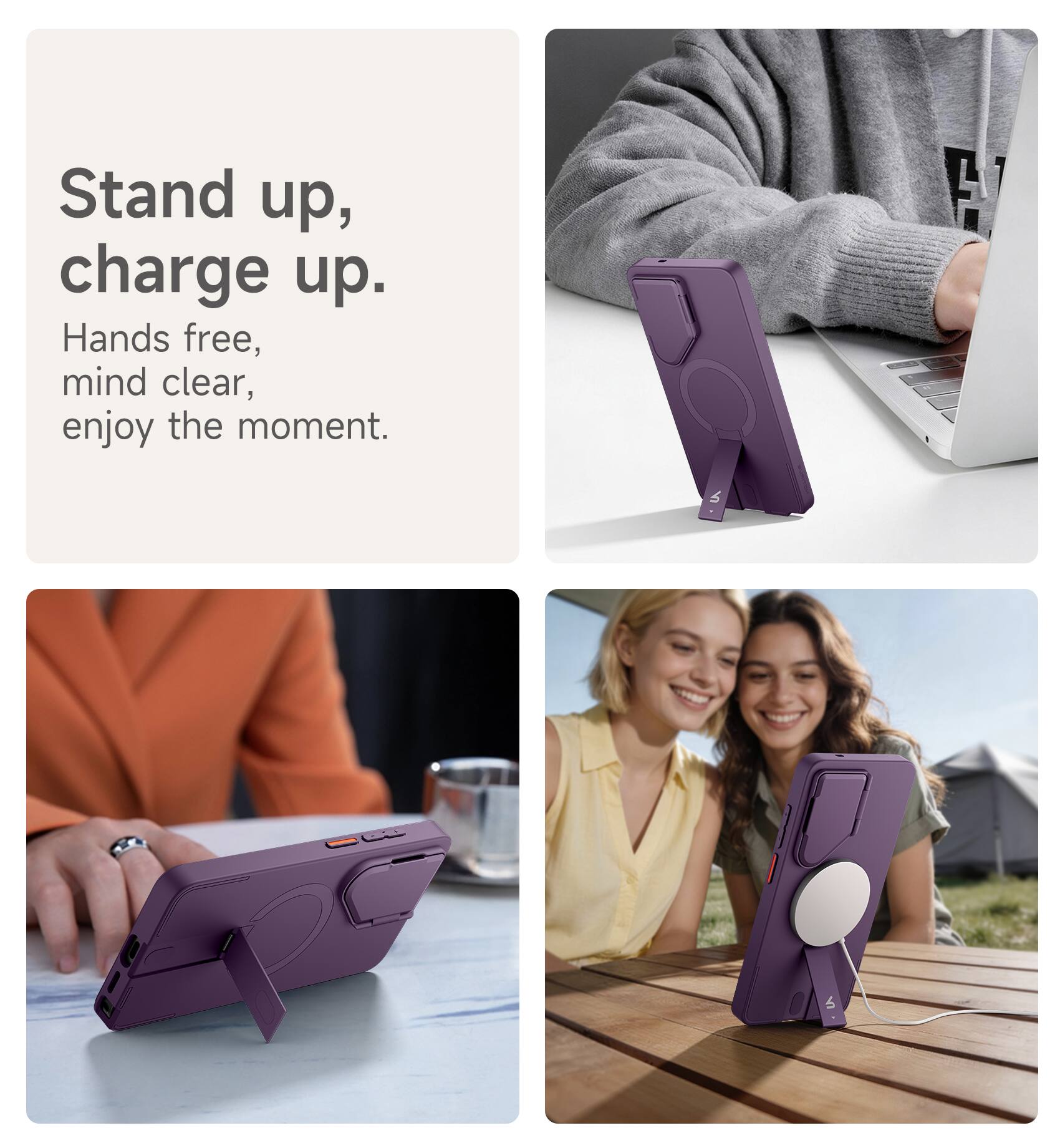 Stand up, charge up.  
Hands free, mind clear, enjoy the moment.
