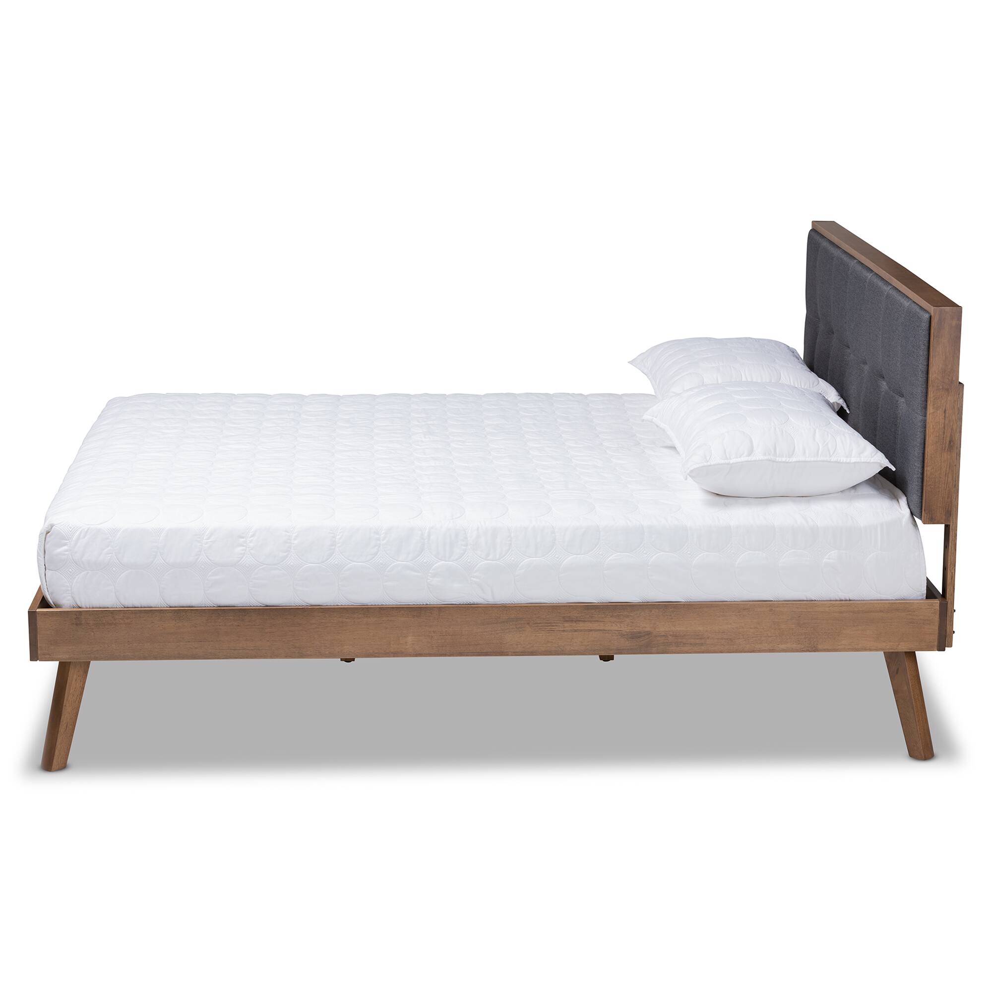 Angle. Baxton Studio - Alke Mid-Century Modern Fabric Upholstered Walnut Brown Finished Wood Platform Bed - Dark Grey/Walnut.