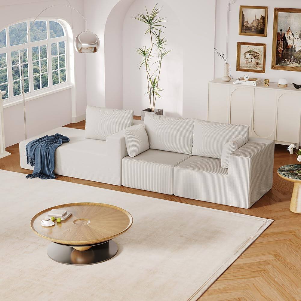 Alt View 3. Trinkets Crazed - 108.3in Sectional Foam Couch, Corduroy Fabric L Shape Sofa with Chaise Lounge - beige.