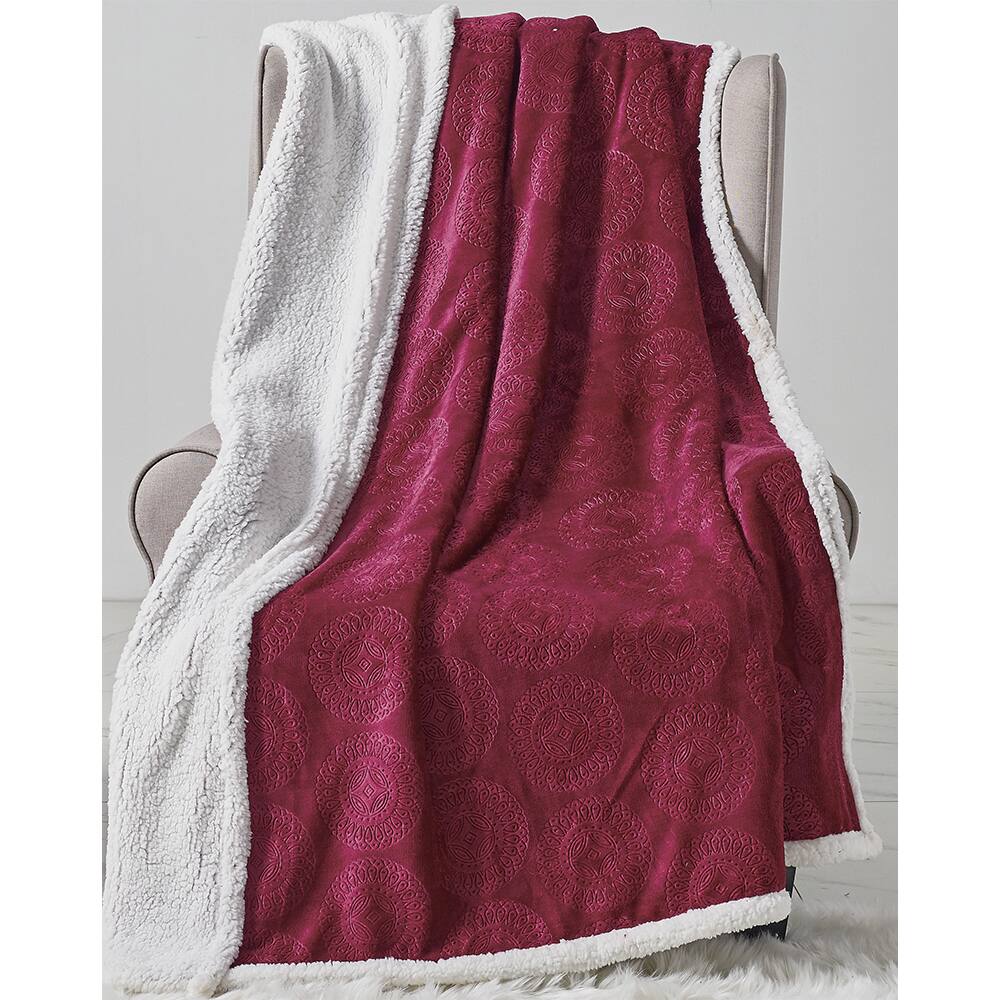 Alt View 1. Noble House - Plazatex Caesar Sherpa Decorative Super Soft Throw Blanket for Sleep/Decor 50" x 60" Burgundy - Burgundy.