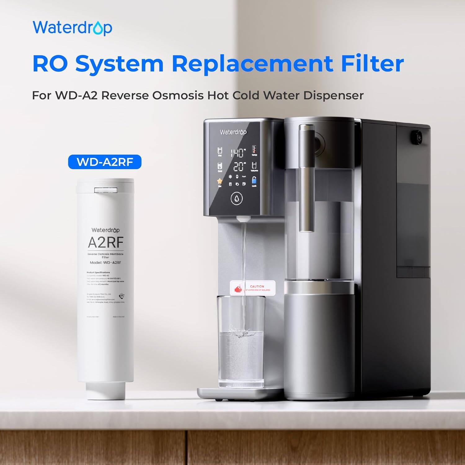 Waterdrop RO System Replacement Filter For WD-A2 Reverse Osmosis Hot Cold Water Dispenser Waterdrop WD-A2RF 140 I 20  O  Waterdrop A2RF - - - i souter WOAne TAUTION