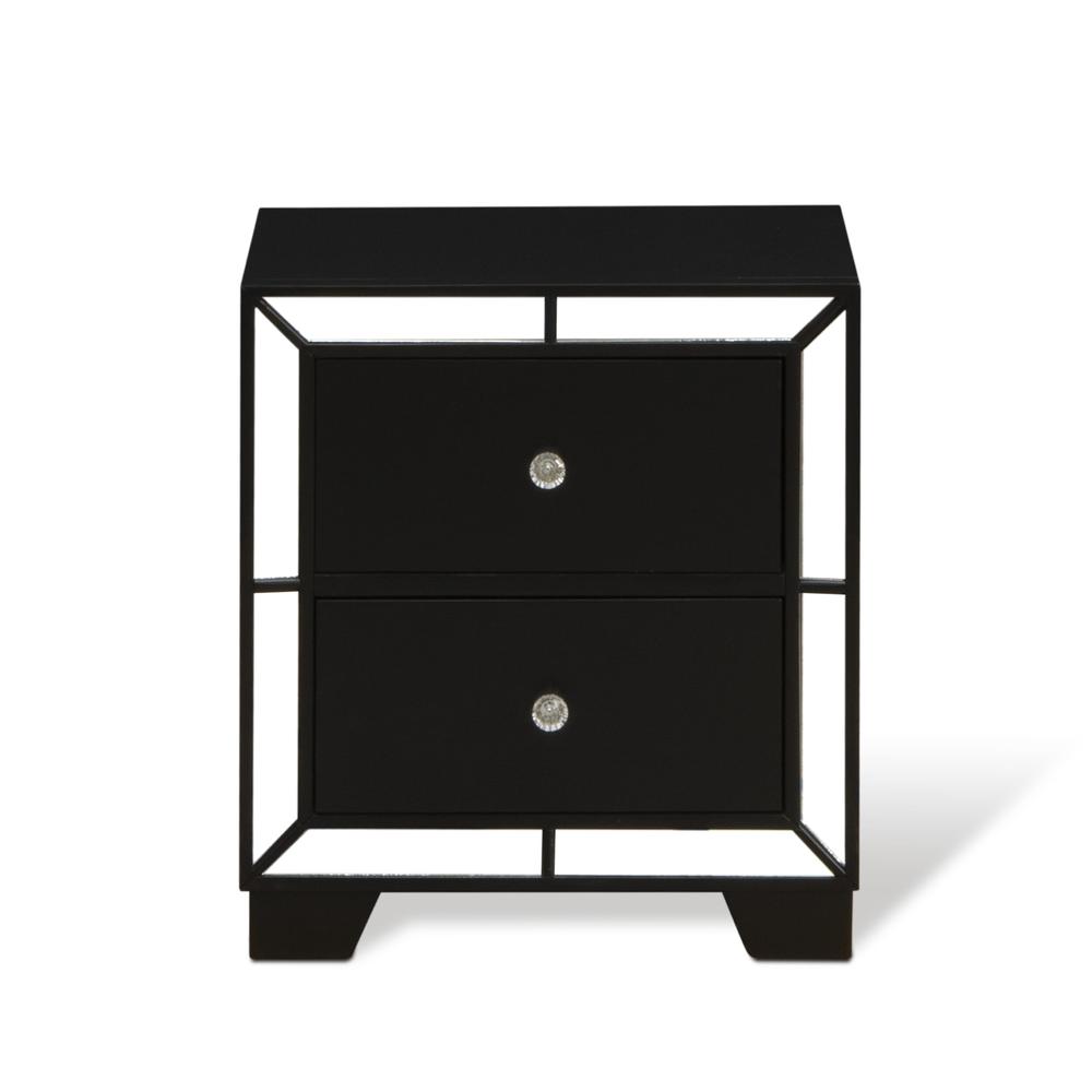 Left. East West Furniture - NE11-Q2N000 3-PC Nella Bedroom Set with Button Tufted Queen Bedframe and 2 Modern Nightstands - Black Leather Headboard - Black.