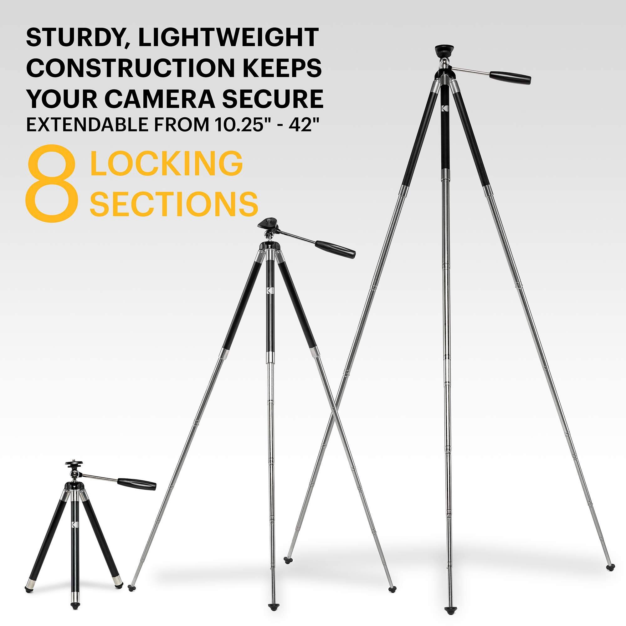 STURDY, LIGHTWEIGHT CONSTRUCTION KEEPS YOUR CAMERA SECURE  
EXTENDABLE FROM 10.25" - 42"  
8 LOCKING SECTIONS