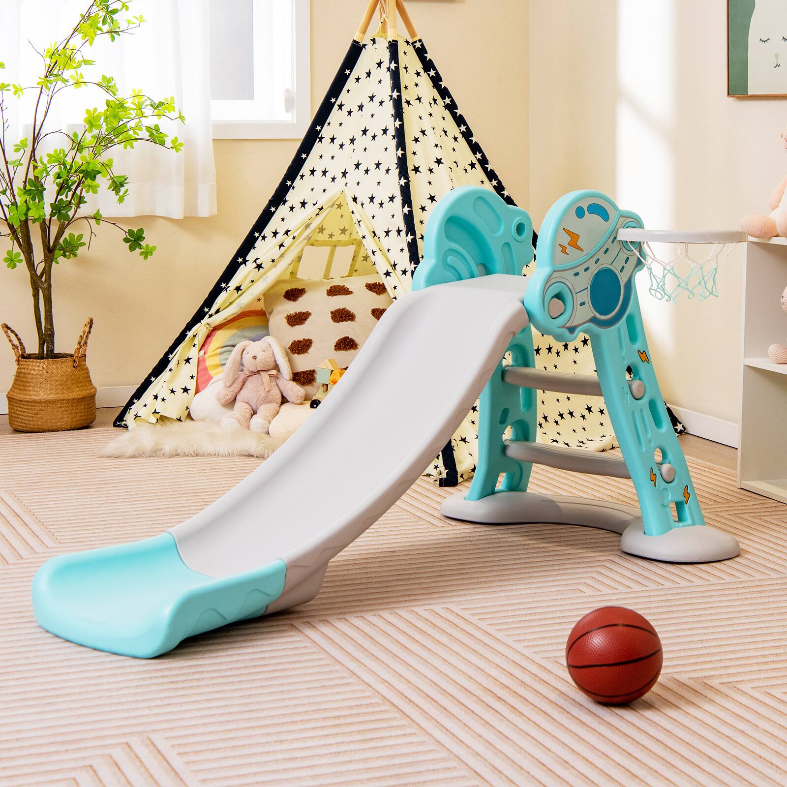 Alt View 1. Costway - Costway 3-in-1 Kids Indoor Slide with Basketball Hoop & Basketball, Safe Buffer Zone - Blue.