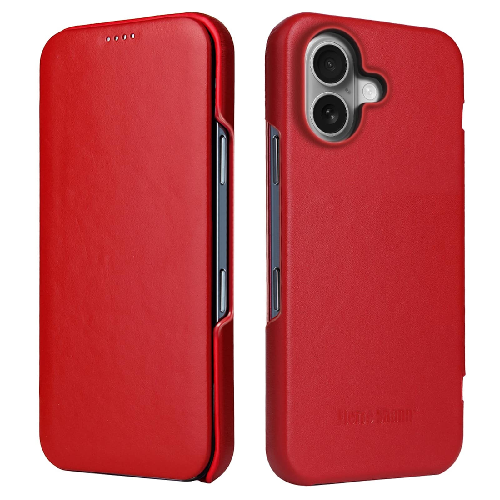 Dteck - Leather Case for Apple iPhone 17, Top Grain Genuine Leather Folio Protective Phone Cover - Red