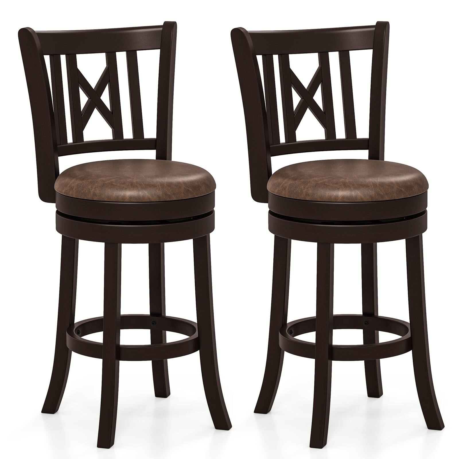 Front. Gymax - Gymax Set of 2 Bar Stools 26'' Swivel Bar Chairs w/ Footrest Hollowed Backrest - Coffee, Brown.
