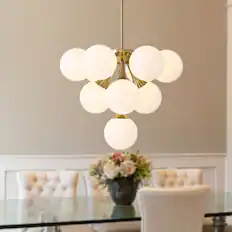 Front. Siljoy - 21.3" Gold 10-Light Sputnik Chandelier, White Glass Shades Adjustable for Dining Kitchen Living Foyer - Gold Brass.