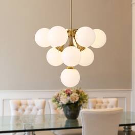Siljoy - 21.3" Gold 10-Light Sputnik Chandelier, White Glass Shades Adjustable for Dining Kitchen Living Foyer - Gold Brass