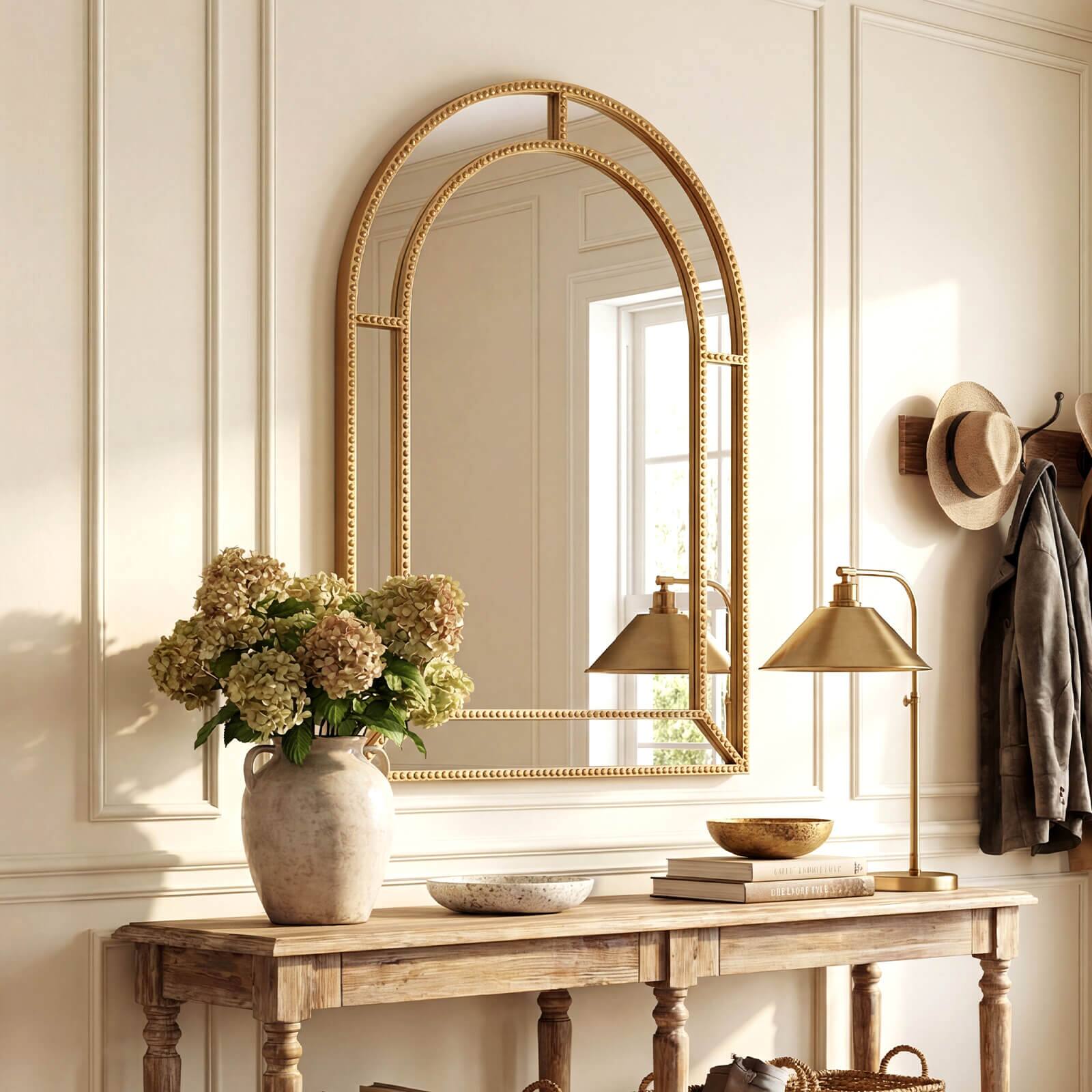 Alt View 1. Costway - Costway 36" x 24" Gold Arched Wall Mirror with Beaded Frame for Living Room, Entryway - Gold.