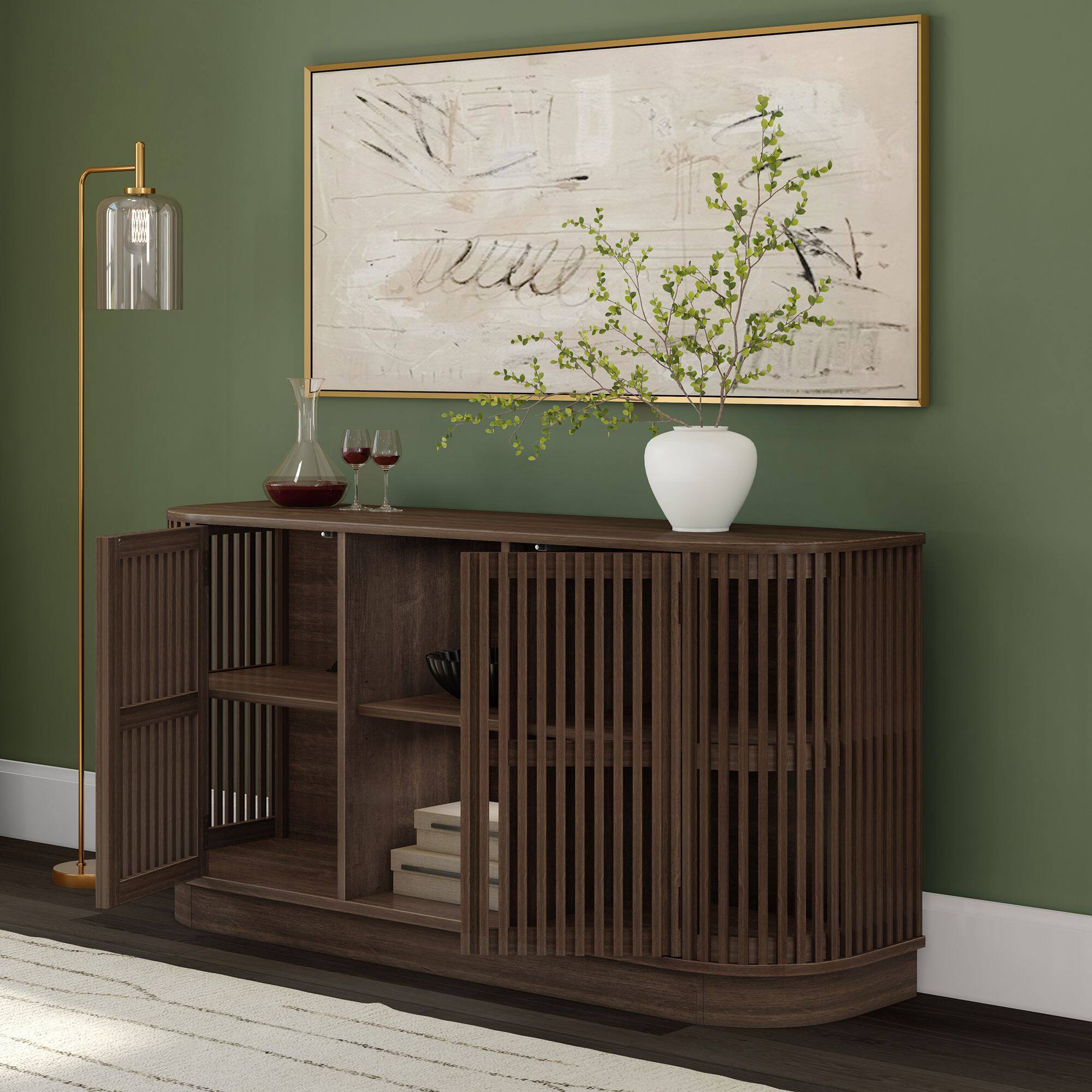 Alt View 4. Plank+Beam - Contour Sideboard, 2 Door w/ Middle Shelf (1495 x 406 x 762mm / 59 x 16 x 30in), Walnut - Walnut.