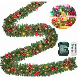 PARKER SLATER - 18ft Pre-Lit Christmas Garland with Remote, Pinecones, Berries & LED Lights - Green