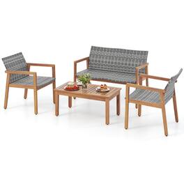 Gymax - 4 Pieces Outdoor Furniture Set Acacia Wood Frame Sofa Set w/ Rattan Seat - Mix Gray