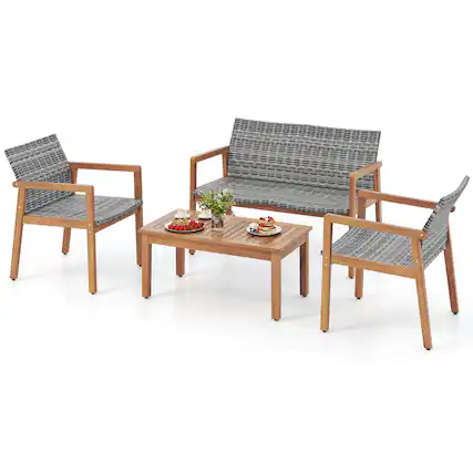 Front. Gymax - Gymax 4 Pieces Outdoor Furniture Set Acacia Wood Frame Sofa Set w/ Rattan Seat - Mix Gray.
