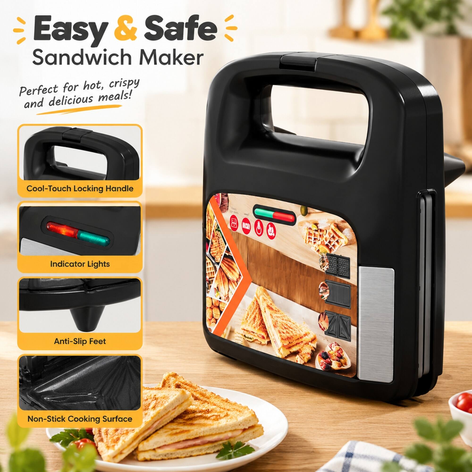 Easy & Safe Sandwich Maker  
Perfect for hot, crispy and delicious meals!  
Cool-Touch Locking Handle  
Indicator Lights  
Anti-Slip Feet  
Non-Stick Cooking Surface