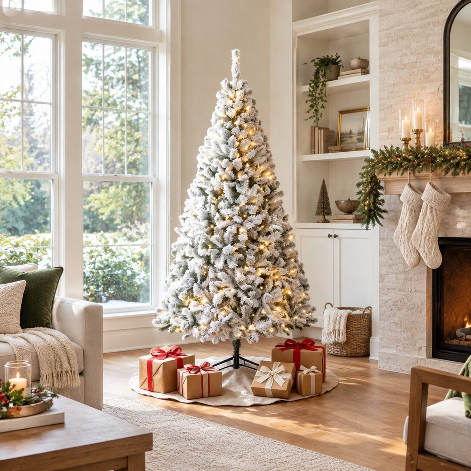 Back. RYHNUYNE - 6FT Pre-Lit Flocked Fraser Fir Christmas Tree With LED Lights and Hinged Branches, Foldable Metal Base - White.