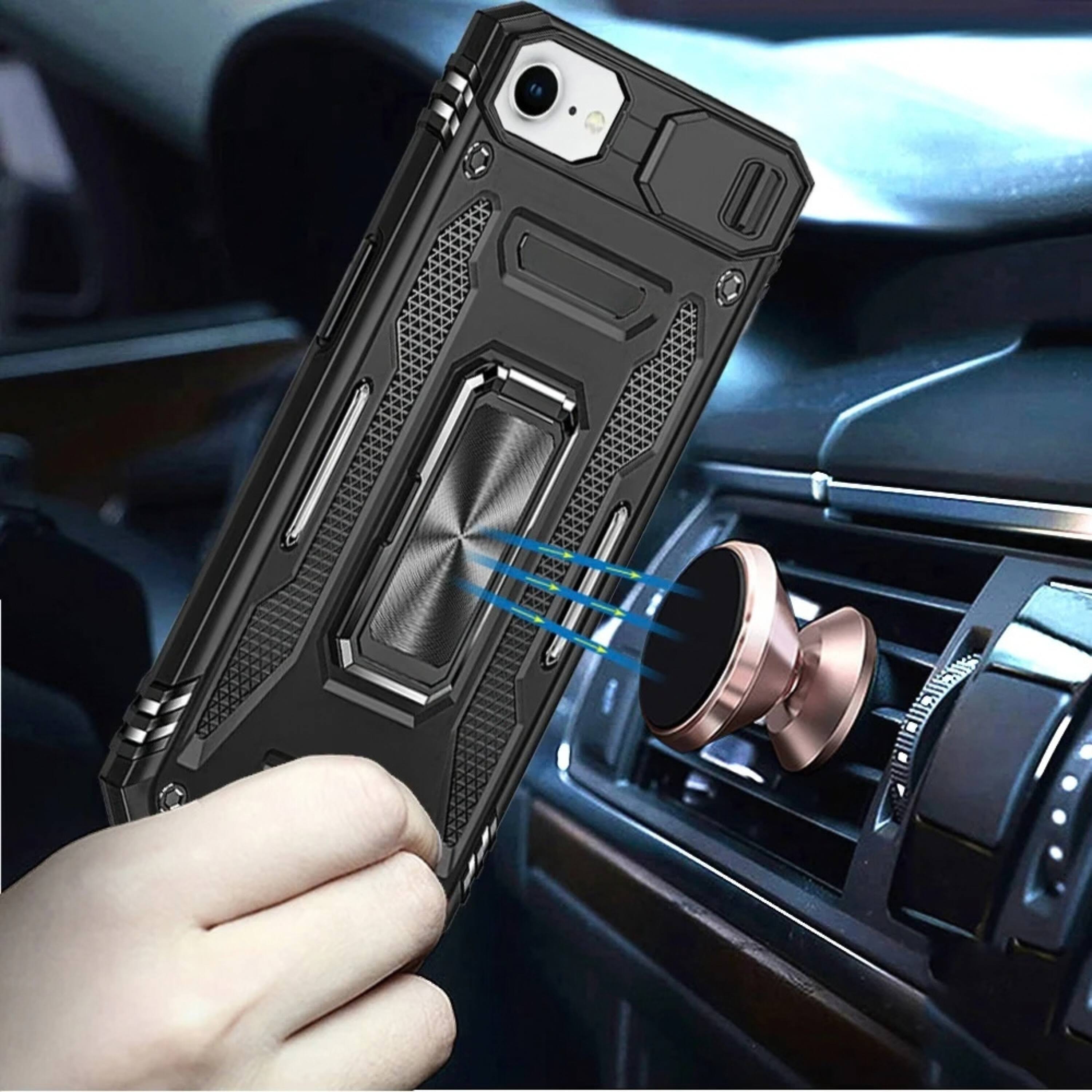 Left. Kitcheniva - Sliding Lens Cover Ring Stand Phone Case With Tempered Glass For iPhone 16e 17e Grey - Gray.