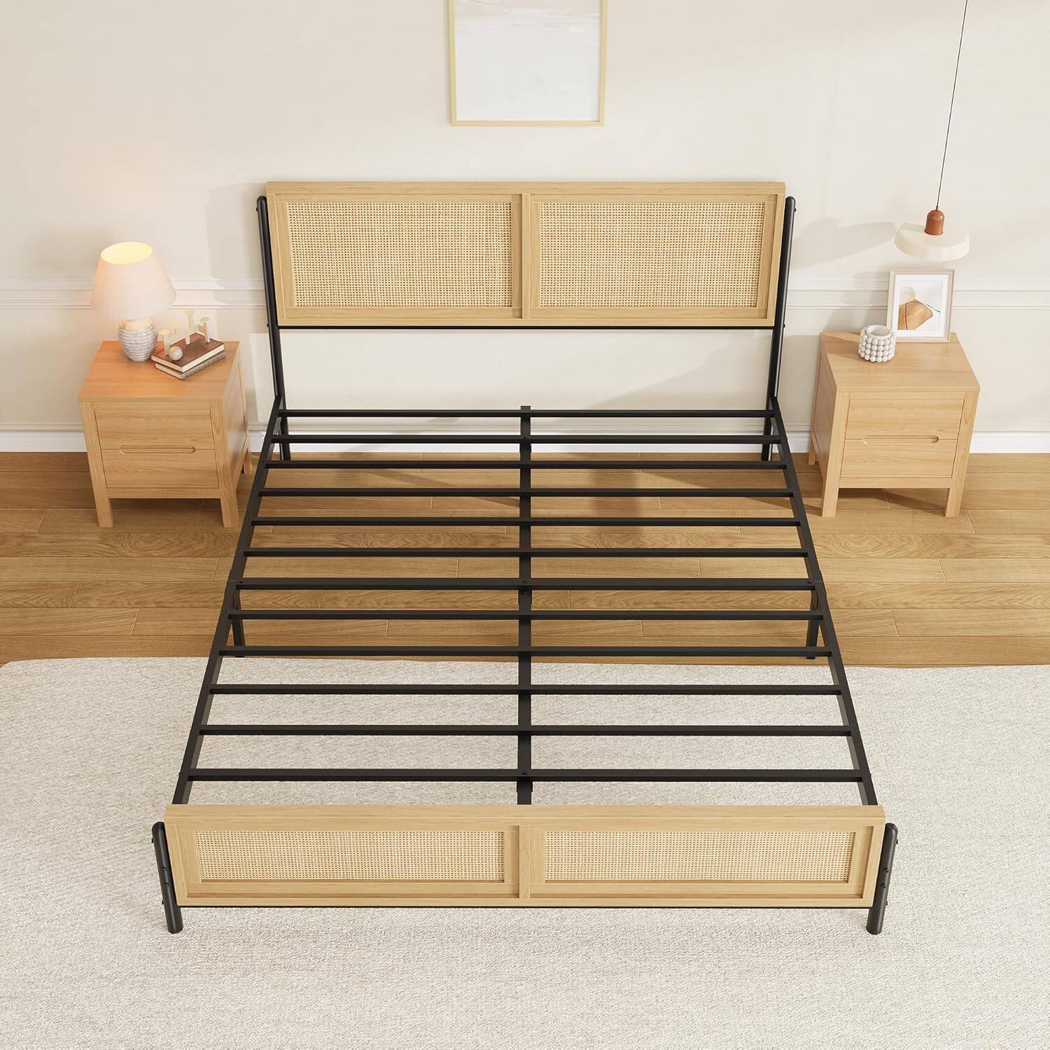 Alt View 6. GARVEE - Full Size Bed Frame with Rattan Headboard and Footboard, Boho Wooden Platform, Easy Assembly, Natural - Natural.