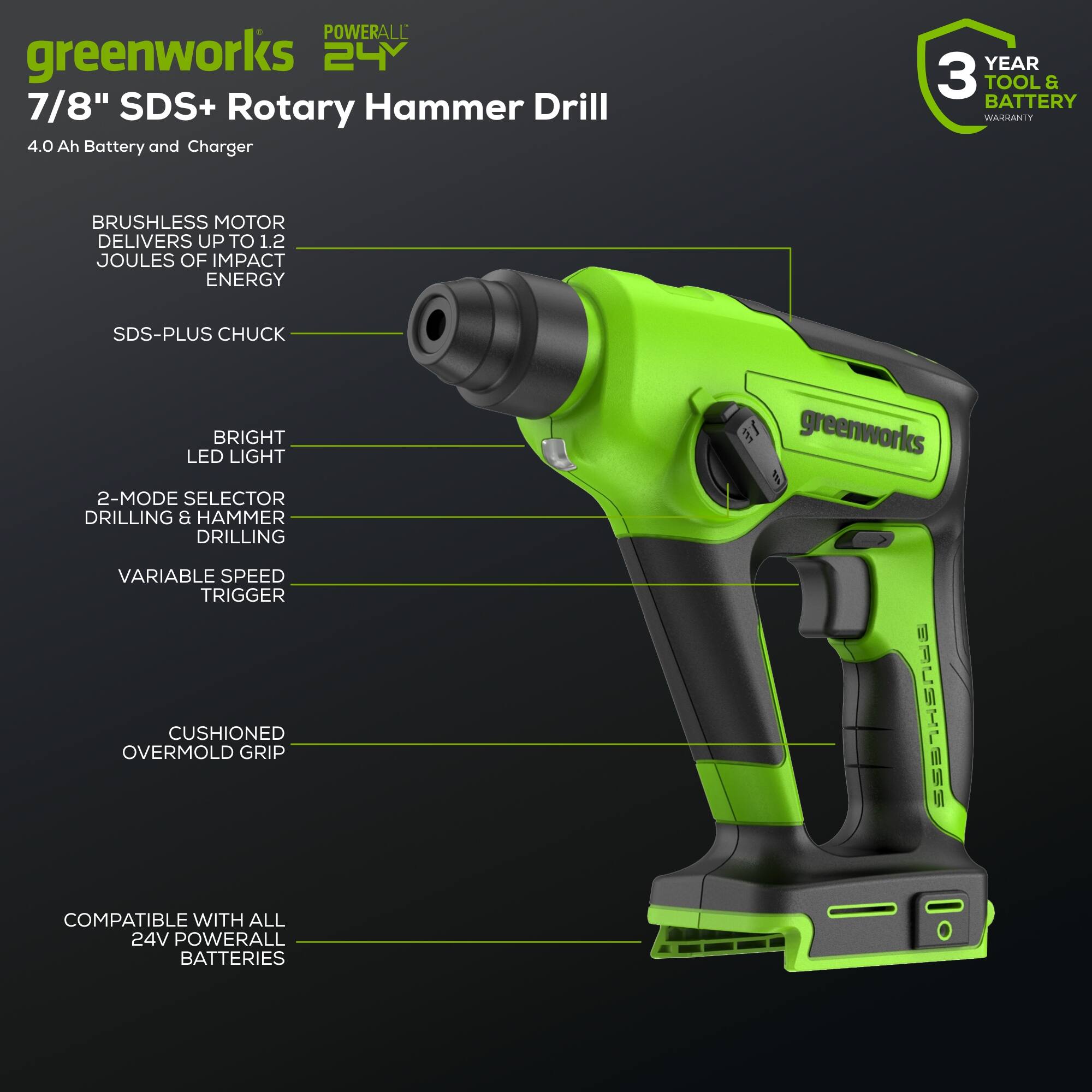 POWERALL greenworks 24 7/8" SDS+ Rotary Hammer Drill 4.0 Ah Battery and Charger  
YEAR 3 TOOL & BATTERY WARRANTY  
BRUSHLESS MOTOR DELIVERS UP TO 1.2 JOULES OF IMPACT ENERGY  
SDS-PLUS CHUCK  
BRIGHT LED LIGHT  
2-MODE SELECTOR DRILLING & HAMMER DRILLING  
VARIABLE SPEED TRIGGER  
CUSHIONED OVERMOLD GRIP  
COMPATIBLE WITH ALL 24V POWERALL BATTERIES