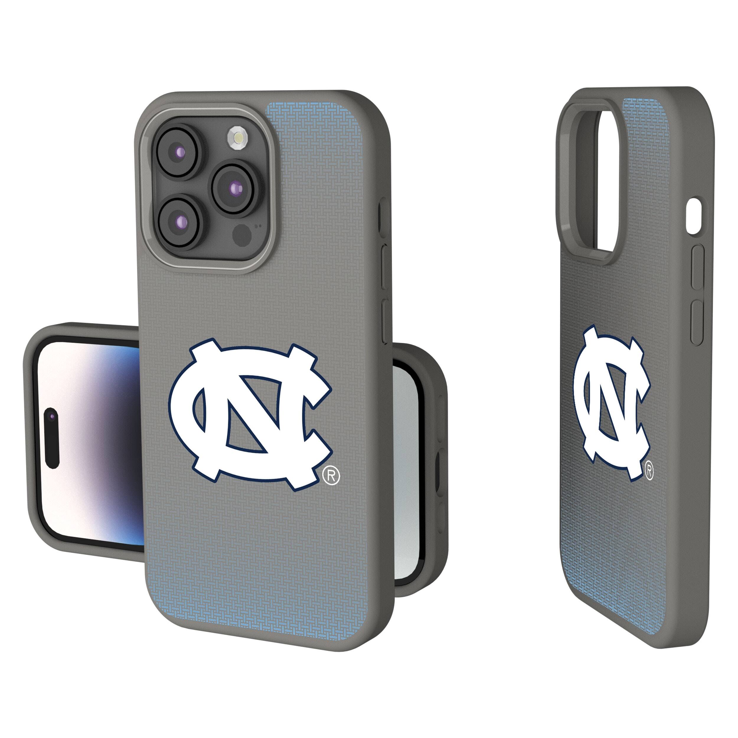 Front. Keyscaper - North Carolina Tar Heels Linen Logo iPhone Soft Touch Case - 14 Pro - Gray.