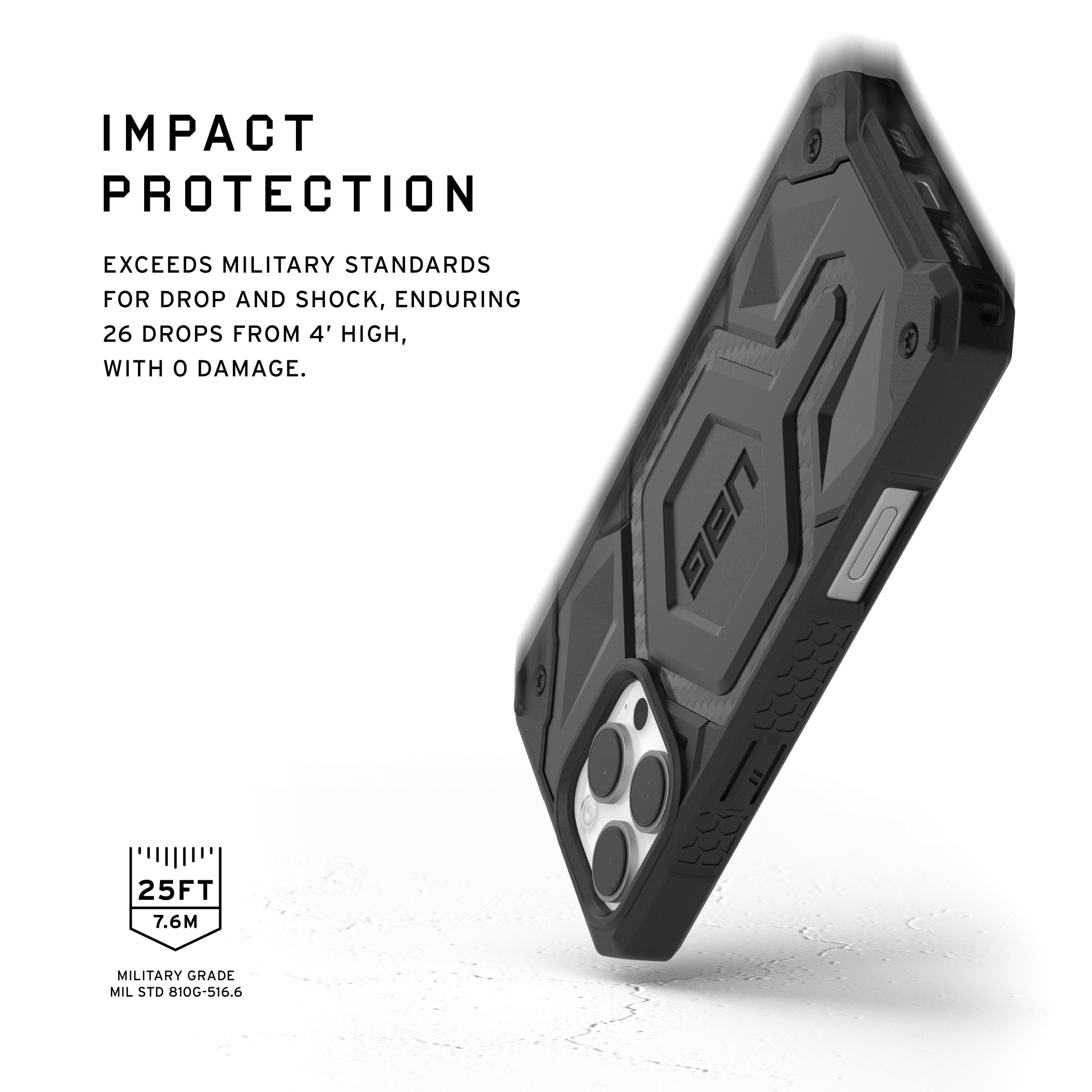 The text on the image reads: "IMPACT PROTECTION EXCEEDS MILITARY STANDARDS FOR DROP AND SHOCK, ENDURING 26 DROPS FROM 4' HIGH, WITH 0 DAMAGE. UAG 25FT 7.6M MILITARY GRADE MIL STD 810G-516.6."
