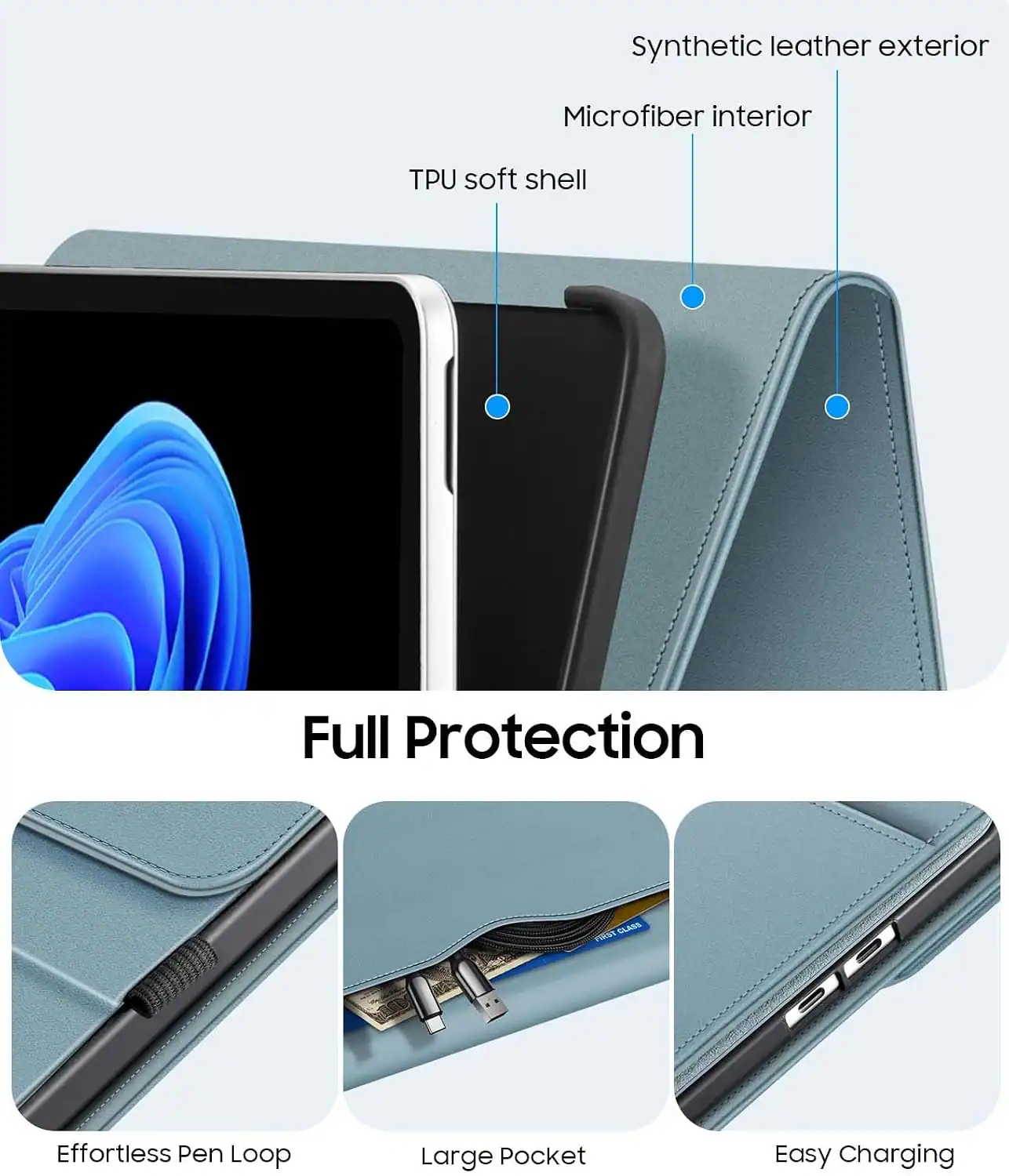 Synthetic leather exterior  
Microfiber interior  
TPU soft shell  
Full Protection  
Effortless Pen Loop  
First CLASS Large Pocket  
DE Easy Charging