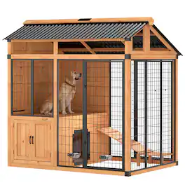 Pawhut - 7' x 5' Extra Large Dog House, Wood Outdoor Dog Kennel with Platform - Yellow