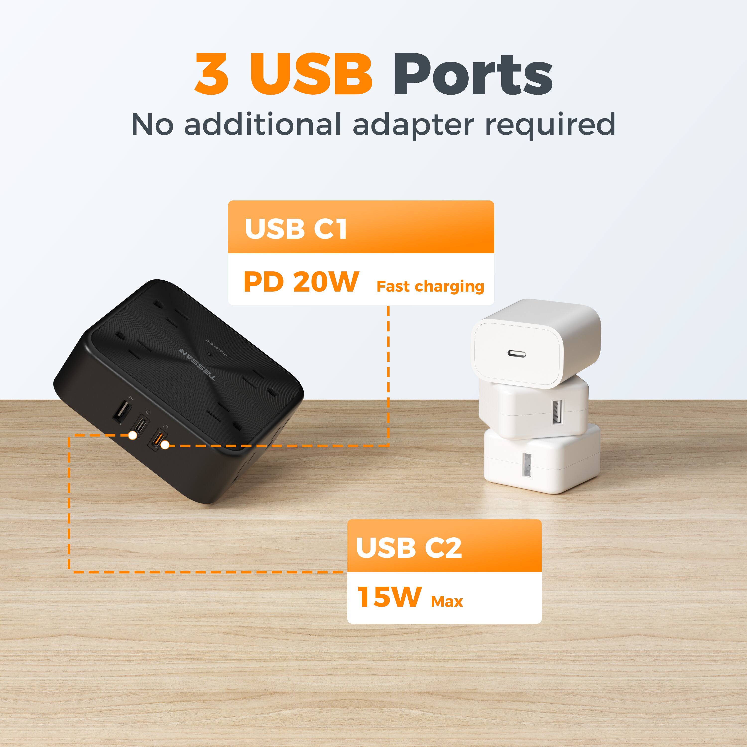 3 USB Ports  
No additional adapter required  

USB C1  
PD 20W  
Fast charging  

USB C2  
15W Max