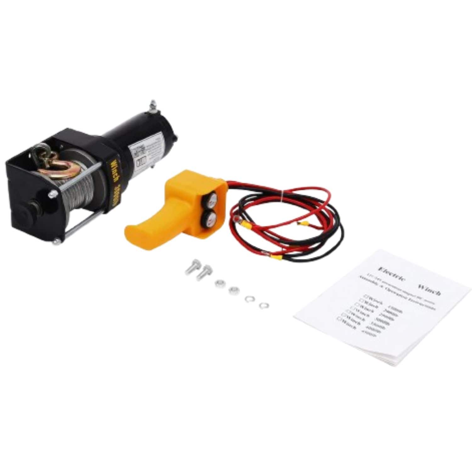 Electric Winch

- Model: 00
- Pull: 1000 lbs
- Line: 25 ft
- Voltage: 12V
- Current: 100A
- Gear Ratio: 150:1
- Motor: 1/2 HP
- Rope: 3/8" x 25 ft
- Weight: 10 lbs

Includes:
- Winch
- Remote Control
- Mounting Hardware
- Wiring Harness